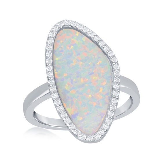 New! Sterling Silver Lab Created Opal Slice Ring - Picture 3 of 3